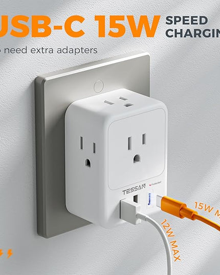 USB Charger Block, TESSAN Outlet Extender Surge Protector with USB C, 4 AC Multi Plug Wall Outlet Splitter 1875W, Electrical Plug Expander for Home Office Dorm Room Essentials, White