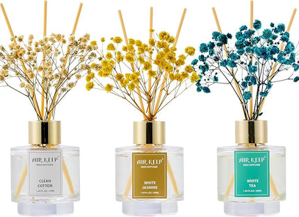 Airkeep Reed Diffuser Set of 3,Clean Cotton White Jasmine White Tea Oil Reed Diffusers for Bedroom Living Room Office Aromatherapy Oil Reed Diffuser for Gift 50ml x 3
