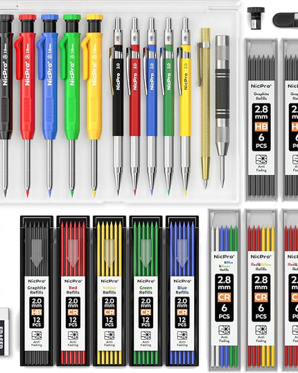 Nicpro 27 Pack Carpenter Pencils for Woodworking, Construction Mechanical Pencil with 100 Refill, Automatic Center Punch and Carbide Scribe Carpenter Tool, Construction Pencil for Carpenters Marking