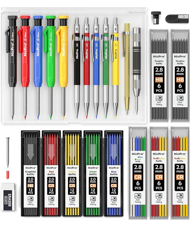 Nicpro 27 Pack Carpenter Pencils for Woodworking, Construction Mechanical Pencil with 100 Refill, Automatic Center Punch and Carbide Scribe Carpenter Tool, Construction Pencil for Carpenters Marking
