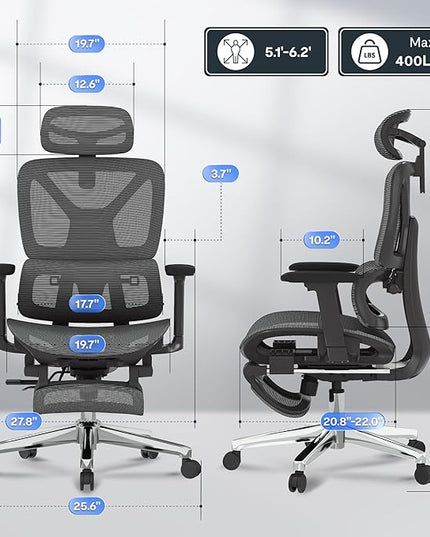 FLEXISPOT ErgoX Premium Ergonomic Office Chair with Footrest- Adjustable 3D Armrests, Dynamic Lumbar Support, Recline & Tilt Function, Mesh Seat, for Home & Office Use,Dark Grey