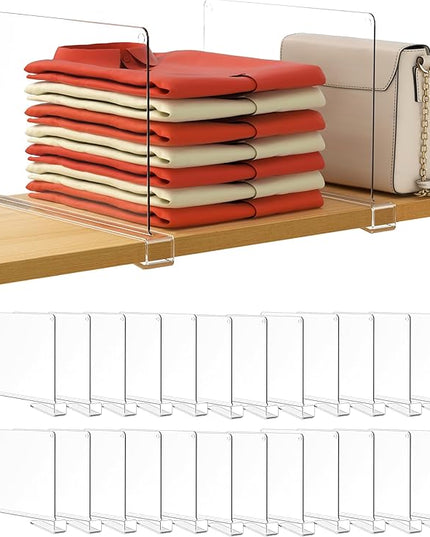 HBlife 24 Pack Clear Shelf Dividers, Vertical Purse Organizer for Closet Perfect for Sweater, Shirts, Handbags in Bedroom and Kitchen, Adjustable Acrylic Bookshelf for Organization