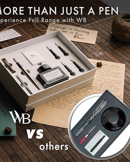 Wordsworth & Black Fountain Pen Gift Set, Includes Ink Bottle, 6 Ink Cartridges, Refill Converter, 4 Replacement Nibs, Premium Package, Journaling, Calligraphy, Smooth Writing Pens [Silver Gold]