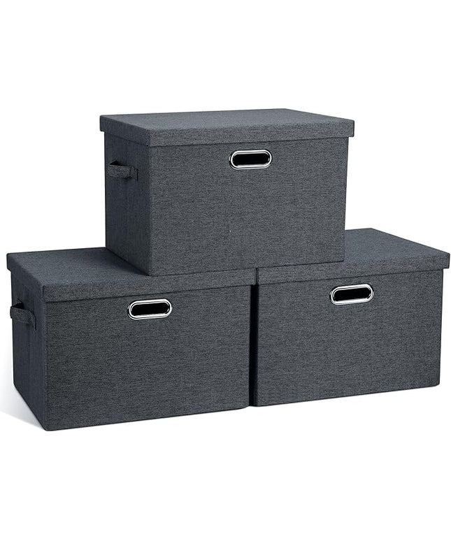 Large 17" 36 Quart Collapsible Stackable Storage Bins with Lids, 3 Packs Dark Gray Foldable Fabric Closet Storage Boxes with Lids, Heavy-duty Linen Cube Baskets(17x12x11)
