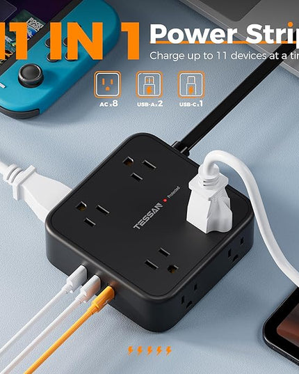 Surge Protector Power Strip, TESSAN 5 FT Black Flat Extension Cord with 8 AC Outlets 3 USB Ports (1 USB C), 900J Protection, 1875W, 3 Sided Wall Plug Extender, Desk Charging Station for Office, Dorm