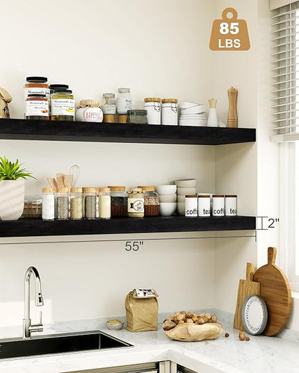 Heimlove 12 Inch Deep Floating Shelves, 55 x 12 inch Extra Long Floating Shelves for Wall, Large Display Shelf & Storage Shelf for Living Room Bedroom Kitchen Home Office, Set of 1, Black