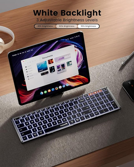 ProtoArc Backlit Foldable Keyboard, XK01 Plus Folding Portable Bluetooth Keyboard for Travel, True Full Size External Wireless Keyboards with Backlight for iPad Tablet Smartphone Laptop PC