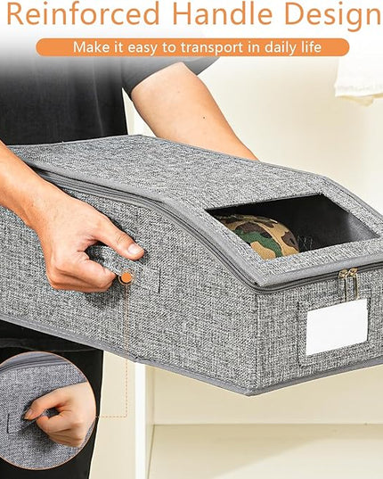 Linen Hat Organizer for Baseball Cap, Hat Storage for Closet with Clear Window, Breathable Fabric Cap Box for Snacks, Socks, Stackable Hat Storage Organizer for Men/Women(2 Pack,Grey)