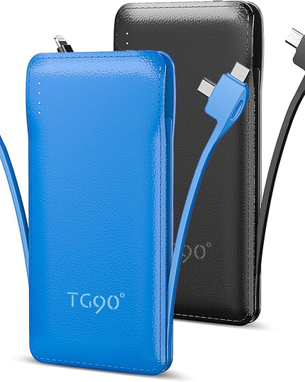 TG90° 2 Pack Slim Portable Charger with Built in Cables,10000mAh Power Bank Travel Charger Cell Phone External Battery Pack,4 Output Portable Bank Compatible with iPhone Android Phone