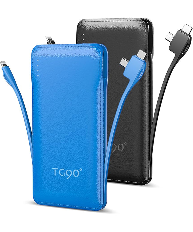 TG90° 2 Pack Slim Portable Charger with Built in Cables,10000mAh Power Bank Travel Charger Cell Phone External Battery Pack,4 Output Portable Bank Compatible with iPhone Android Phone