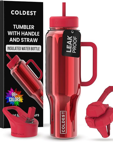 Coldest Tumbler with Handle and Straw, 100% Spill Proof Tumbler with Straw (3 Lids), Stainless Steel Insulated Leakproof Tumblers for Women Men, Cup Holder Friendly, 46 oz (Raspberry Reflections)