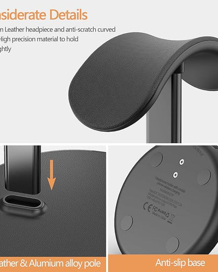 Headphone Stand with Wireless Charger, Gaming Headset Holder Hanger Rack 2 IN 1 Wireless Charging Station Dock for iPhone 15/14/13/12/11 Series, Samsung, AirPods Pro/3/2 and Desk All Headphones, Black