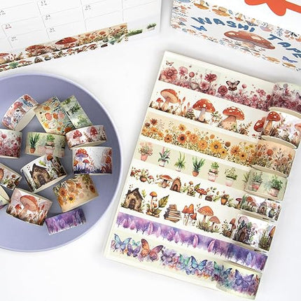 KOVANO Washi Tape Set 13 Rolls - Mushroom Butterfly Floral Decorative Tape, Colored Masking Tape for Scrapbooking Supplies, Bullet Journal Supplies, Junk Journal, DIY Crafts Art