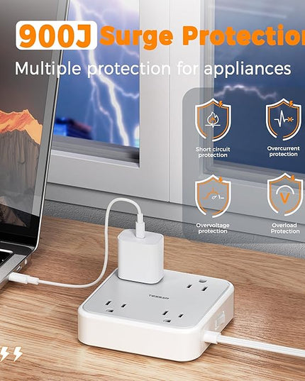 TESSAN Outlet Cover with Extra Outlet on Plug, Surge Protector Power Strip with 3 USB (2 USB C), 5 Ft Flat Extension Cord, 900 Joules Protection, Flat Plug Power Strip for Home Office Essentials