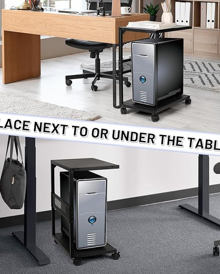 PC Stand Computer Tower Stand 2-Tier Metal CPU Holder with Locking Caster Wheels Suitable for Most PC (S,Black)
