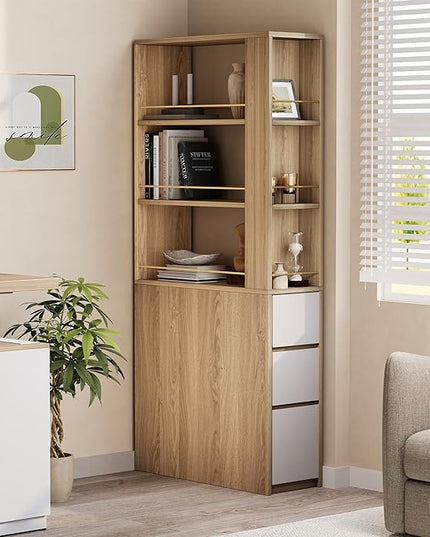 Bookcase with 3 Drawers and Storage Shelves, 71''Tall Corner Bookshelf with 3 Tier Open Double-Sided Design, Multi Functional Organizer, Wood Bookshelves for Home/Office, Light Walnut