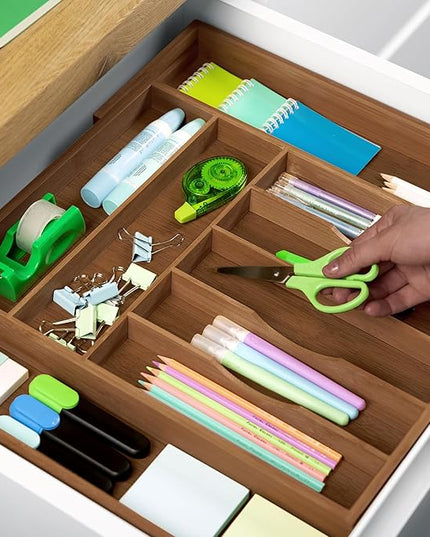 ROYAL CRAFT WOOD Luxury Bamboo Kitchen Drawer Organizer - Silverware Organizer - Utensil Holder and Cutlery Tray with Grooved Drawer Dividers for Flatware and Kitchen Utensils (9 Slot, Brown Bamboo)