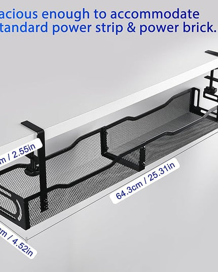 Under Desk Cable Management Box 25.3 Inch – Clamp-Mounted Cable Organizer Tray, Large Cord Management Box for Office & Home, Wire Organizer Under Desk Storage, Black