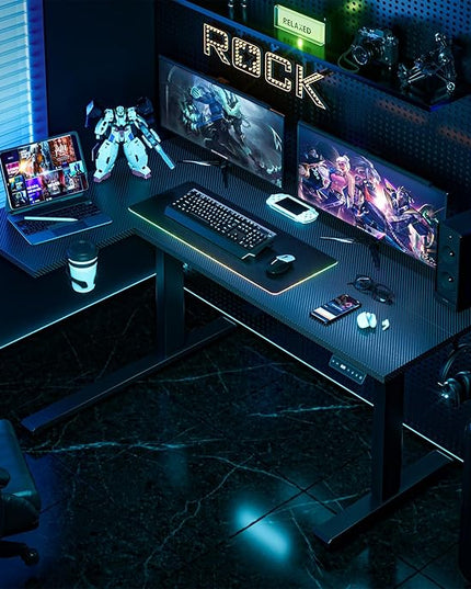 Muvai 59 Inch L Shaped Standing Desk Adjustable Height with Cable Management Tray,Gaming Electric Corner Standing Desk, Sit Stand Computer Table with Reversiable Splice Board, Black Carbon
