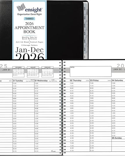 Ensight 2026 Appointment Book and Planner 6.5" x 8.5" Large Hourly Weekly Daily Schedule Book with Tabs, 30 Minute Time Slots, Black Calendar Organizer Jan 2026–Dec 2026 Appointment Planner - Black