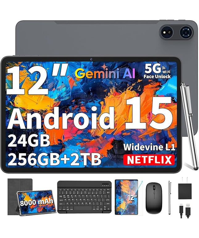 2025 12 Inch Tablet, Android 15 Tablets with Keyboard, 24GB+256GB+2TB Expand, 2K Display, Tablet PC with 5G WiFi, Octa-Core, 8000mAh, BT5.0, GMS, GPS, 2 in 1 Tablets with Case, Mouse, Stylus(Silver)