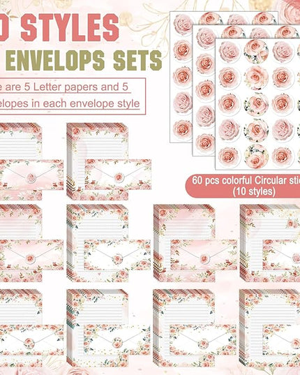 TaoBary 160 Pcs Stationery Paper Set 50 Double Sided Stationery Papers with 50 Matching Envelopes and 60 Round Dot Sticker, 10 Design(Floral,8.5 x 11 Inch)
