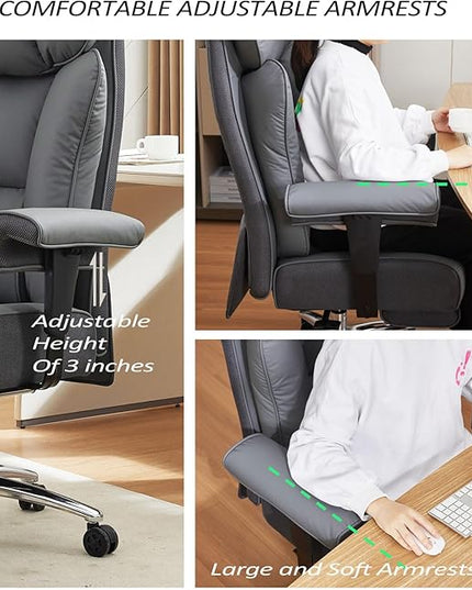 Efomao Big and Tall Office Chair 450LBS with Foot Rest, High Back PU Leather Executive Chair with Adjustable Padded Armrests, Lumbar Support for Home or Work, Heavy Duty Computer Chair, Grey