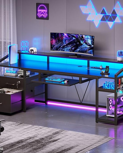 SEDETA 63" Computer Desk, Office Desk with Lockable Drawers for Legal/Letter File, Gaming Desk with LED Lights & Power Outlet, Home Office Desks with Storage, Black