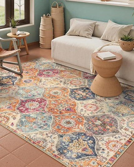 Lahome Moroccan Trellis Washable Small Area Rug, 3x5 Area Rug for Bedroom Living Room, Non-Slip Oriental Accent Throw Carpet for Kitchen Office Entryway Bathroom Office, Cream/Multi
