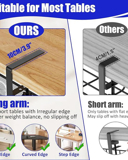 REFLYING Under Desk Cable Management Tray, Metal Long Arms (3.9in), No Drill Mesh Cable Tray, Wire Organizer, 1 Pack, Black