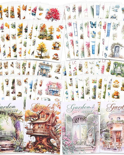 Knaid Scenery Sticker Set (490+ Pieces, 80 Sheets) 4 Pack Sticker Books Blooming Windows, Garden Houses, Enchanted Forest, Garden Fences Journaling Stickers for Scrapbook Bullet Junk Journals Planner