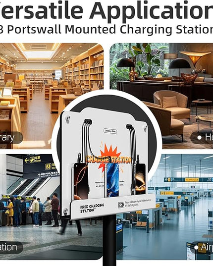 8-Port Wall Mounted Charging Station with Universal Cables – Fast Charging Dock for iPhone, Android & Type-C Devices – Perfect for Office, Airport, Hotel & School Use (White)