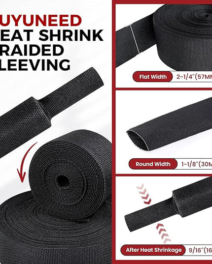 Heat Shrink Wire Loom 2:1 Shrinkable Braided Cable Sleeve 1-1/8 Inch ID-46ft Abrasion Protection Flexibility Fabric Wiring Harness Cover Sheath