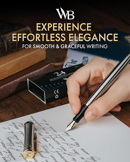 Wordsworth & Black Fountain Pen Set, 18K Gilded Fine Nib, Includes 24 Pack Ink Cartridges, Ink Refill Converter & Gift Box, Gold Finish, Calligraphy, [Silver Gold], Perfect for Men & Women