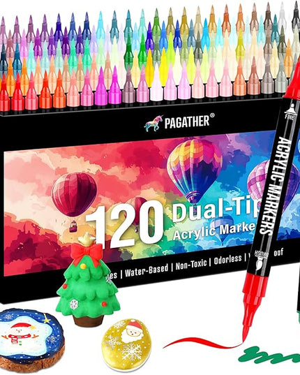 120 Colors Acrylic Paint Markers, Dual Tip Fine Tip and Brush Tip Pens Contain 24 Metallic Color for Stone, Wood, Calligraphy, Canvas, Ceramic, Metal, Glass, Rock Painting, DIY Crafts