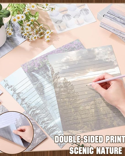 TaoBary 160 Pcs Stationery Paper Set 50 Double Sided Stationery Papers with 50 Matching Envelopes and 60 Round Dot Sticker, 10 Design(Natural Scenery,8.5 x 11 Inch)