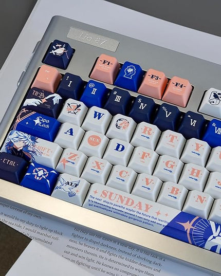 PBT Material Keycaps 130 Keys，Japanese Anime Style Keycaps Cherry Profile Dye Sublimation Keycap Blue White Custom Key Cap Set for Mechanical Keyboard 61/64/75/84/87/104/108 Layout