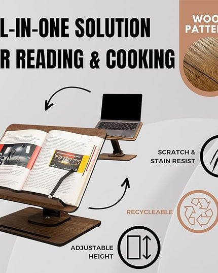 Vigo Wood Book Stand for Reading 360° Adjustable, Wooden Laptop Stand, Cookbooks Holder, Music Scores, Featuring Multi-Height Angles and Foldable Design with Page Clips.