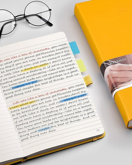 EMSHOI College Ruled Notebook 120gsm Thick Lined Journal - 256 Numbered Pages, A5 Hardcover Leather Writing Notebook for Work, School, Travel - with Sticky Notes, 5.75"x8.38", Yellow