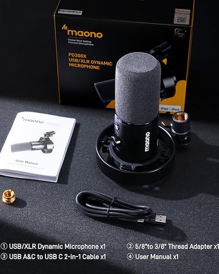 MAONO Dynamic Microphone-XLR USB Podcast Recording Mic: for Vocal Recording, Content Creation, Home Studio, Voiceover, with 192kHz/24bit, Noise Reduction, Mic Gain, Monitoring, Mute (PD300X)