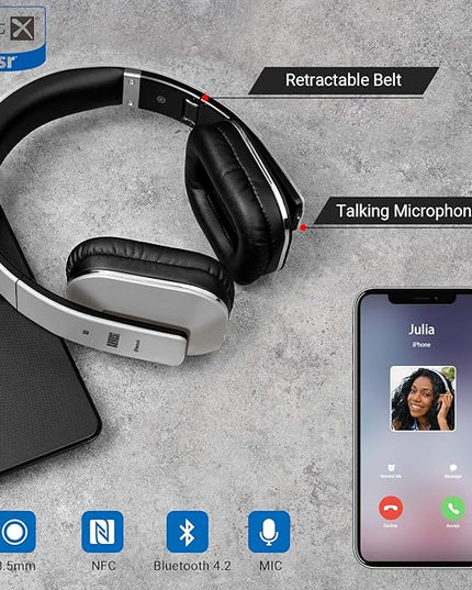 August EP650 Bluetooth Wireless Over-Ear Headphones with aptX Low Latency, NFC, Multipoint Pairing, Wired Option, Built-in Microphone - Silver