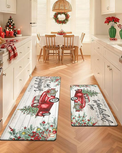 Pauwer Christmas Kitchen Mats Set of 2 Anti Fatigue Kitchen Mats for Floor Non Slip Cushioned Kitchen Floor Mat Padded Comfort Standing Desk Mat Runner Waterproof Kitchen Rug Merry Christmas Decor