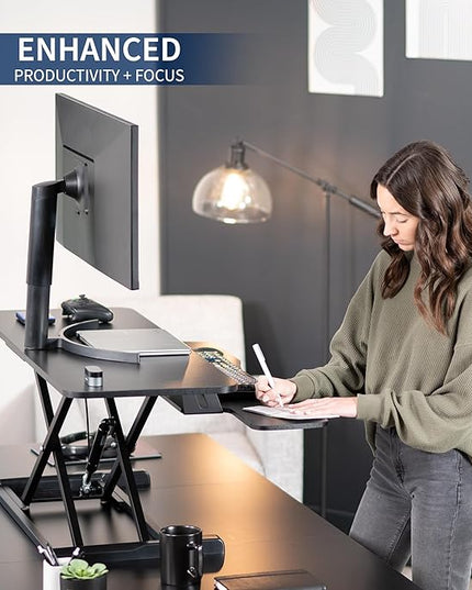 VIVO 42 inch Desk Converter, K Series, Height Adjustable Sit to Stand Riser, Dual Monitor and Laptop Workstation with Wide Keyboard Tray, Black Carbon Fiber Top, Black Frame, DESK-V042KR