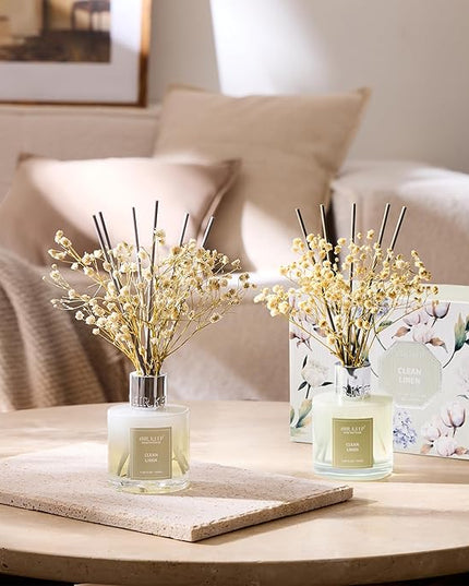 Airkeep Reed Diffuser 3.38 oz (100ml) 2pk, Clean Linen Scented Reed Diffuser Set,Reed Diffuser & Oil Diffuser Sticks, Aromatherapy, Airkeep Reed Diffuser Set Box 2-Clean Linen