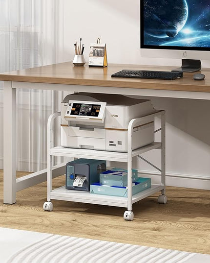 20 Inches Deep Large Printer Stand, 2 Tier Under Desk Printer Table with Height Adjustable Shelf, Rolling Printer Cart with Wheels for Home Office Storage - White