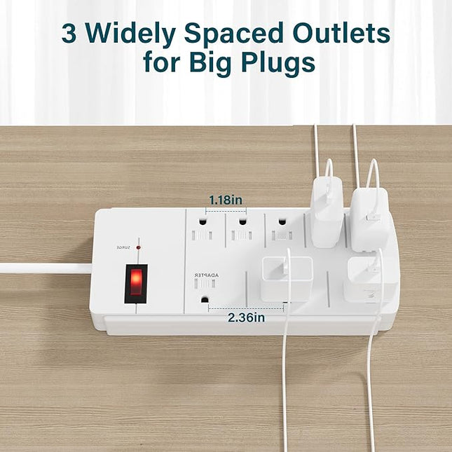 Elecan Surge Protector Power Strip with 8 Ft Extension Cord, 8 Widely Spaced Outlets with Safety Cover, 45 Degree Flat Plug Wall Mountable Multi Outlet Extender, Heavy Duty 14AWG, 1200J/125V,ETL-White