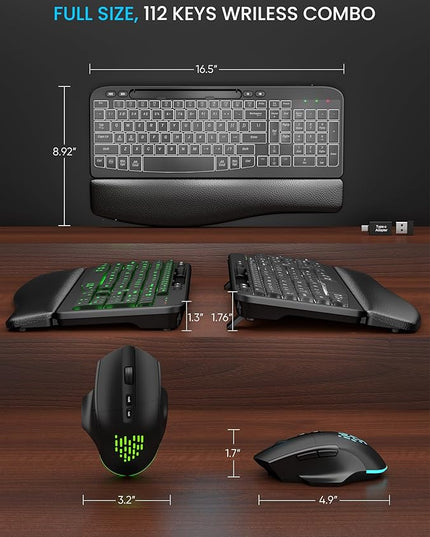 SABLUTE Wireless Keyboard and Mouse Combo - Ergonomic Wave Keyboard with Soft Leather Wrist Rest, Phone Holder, Rechargeable, RGB Backlit Mouse, Full-Size Set for Windows/Mac/Computer (Black)