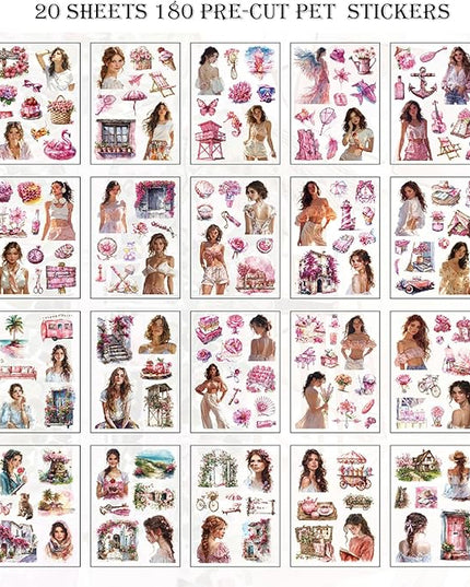 Auguro PET 20 Sheets 180 Pre-Cut Summer Stickers for Scrapbooking People Beach Scrapbook Sticker Transparent Stickers for journaling Junk journaling Supplies