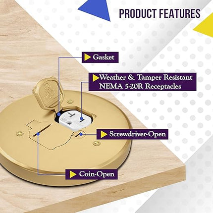 ENERLITES Dual Flip Lid Floor Box Cover, 5.625" Diameter, 20A Tamper-Weather Resistant Receptacle Outlet, Watertight Gaskets, 975517-C, UL Listed, Brass, 1 Gang