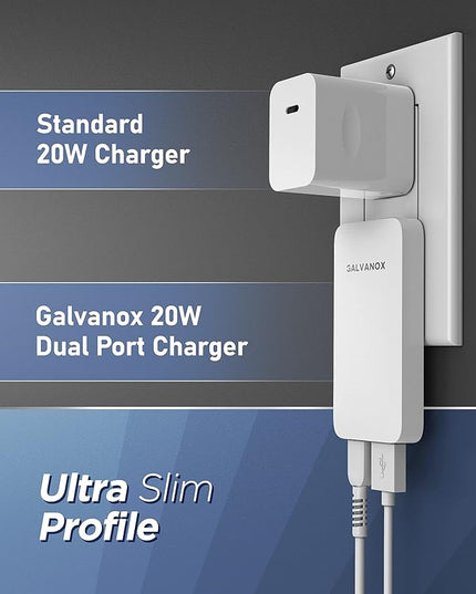 Type C Flat Wall Charger, Galvanox Ultra Slim (Multi-Port Power Adapter) for iPhone 13/14/15/16 iPhone 17 Pro/Max and Samsung Galaxy Models, 20W Fast Charging Outlet Plug (Dual USB-C USB-A)